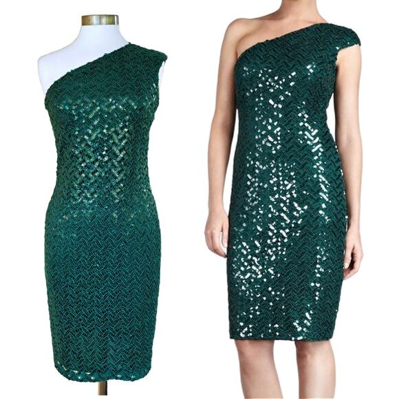 DAVID MEISTER One-Shoulder Sequin Lace Cocktail Sheath Dress Sz 6 Emerald Green - Picture 10 of 10
